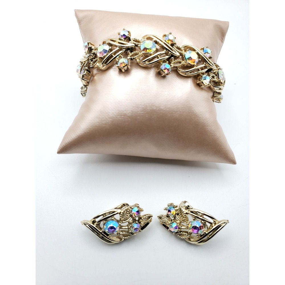 Vintage Coro Aurora Borealis Crystals 3pc‎ Bracelet & Clip Earrings Gold Tone